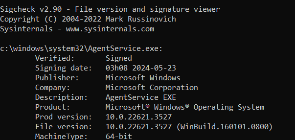 AgentService has no digital signature along to SigCheck